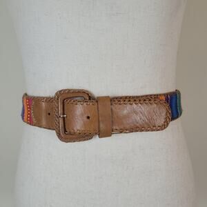 Omega Belt Large Brown Leather Woven Multicolor Boho Festival Ethnic Whipstitch